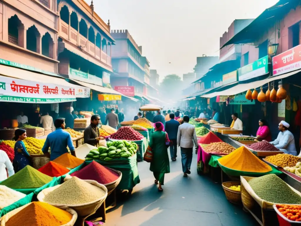 Mercado callejero en Nueva Delhi con restaurantes con Estrellas Michelin orientales y vibrante cultura culinaria de la India