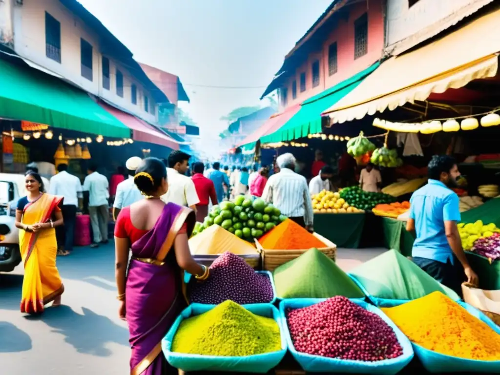 Un mercado callejero vibrante en la India, repleto de saris coloridos, frutas exóticas y gente diversa interactuando