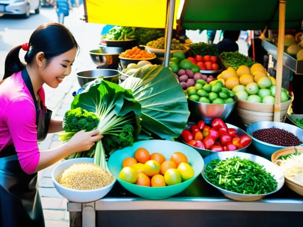 En un mercado callejero vietnamita bullicioso, con vendedores de frutas coloridas, hierbas aromáticas y bocadillos callejeros