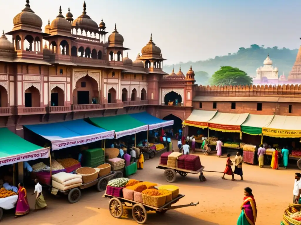 Mercado colonial en la India con vendedores de especias y telas, reflejando la rica historia de la India