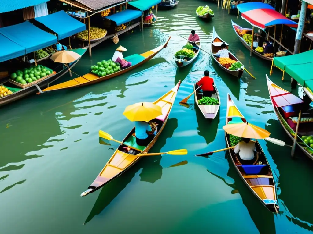 Mercado flotante en Tailandia: tradición y comercio en los klongs Un mercado flotante bullicioso en los Klongs de Tailandia, capturando la estructura social de las comunidades fluviales tailandesas
