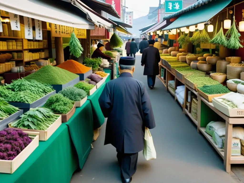 Mercado de hierbas medicinales coreanas, vibrante y cultural, reflejando la influencia de la medicina coreana en la salud global