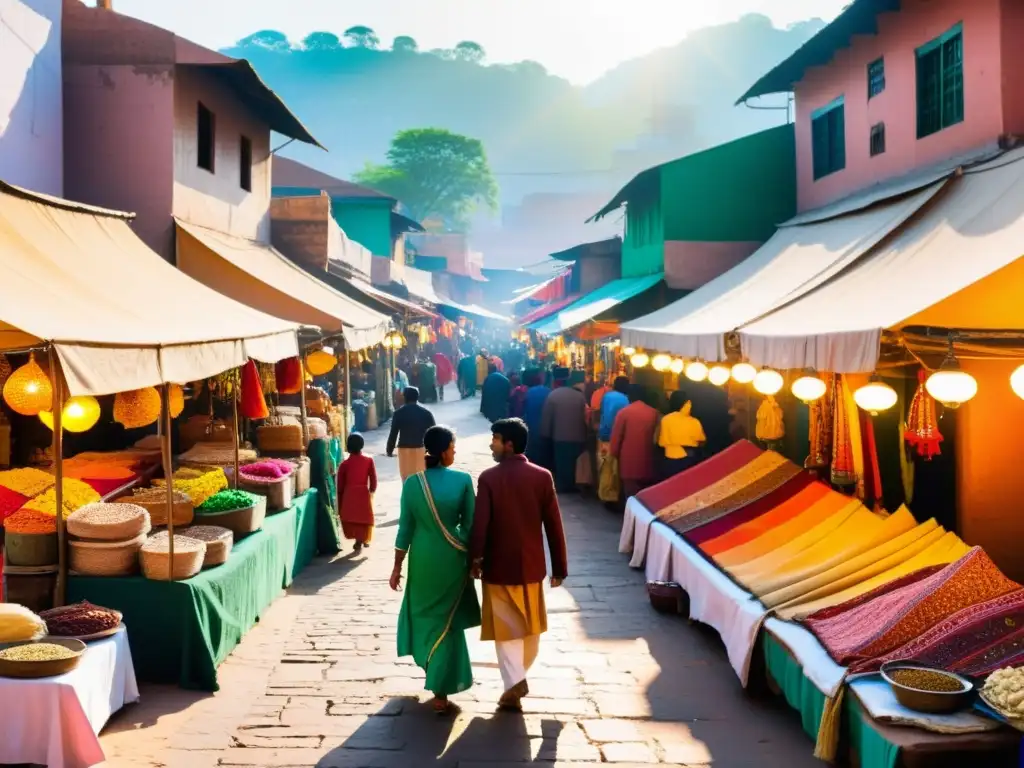 Mercado indio bullicioso con colores vibrantes, textiles, especias y artesanías