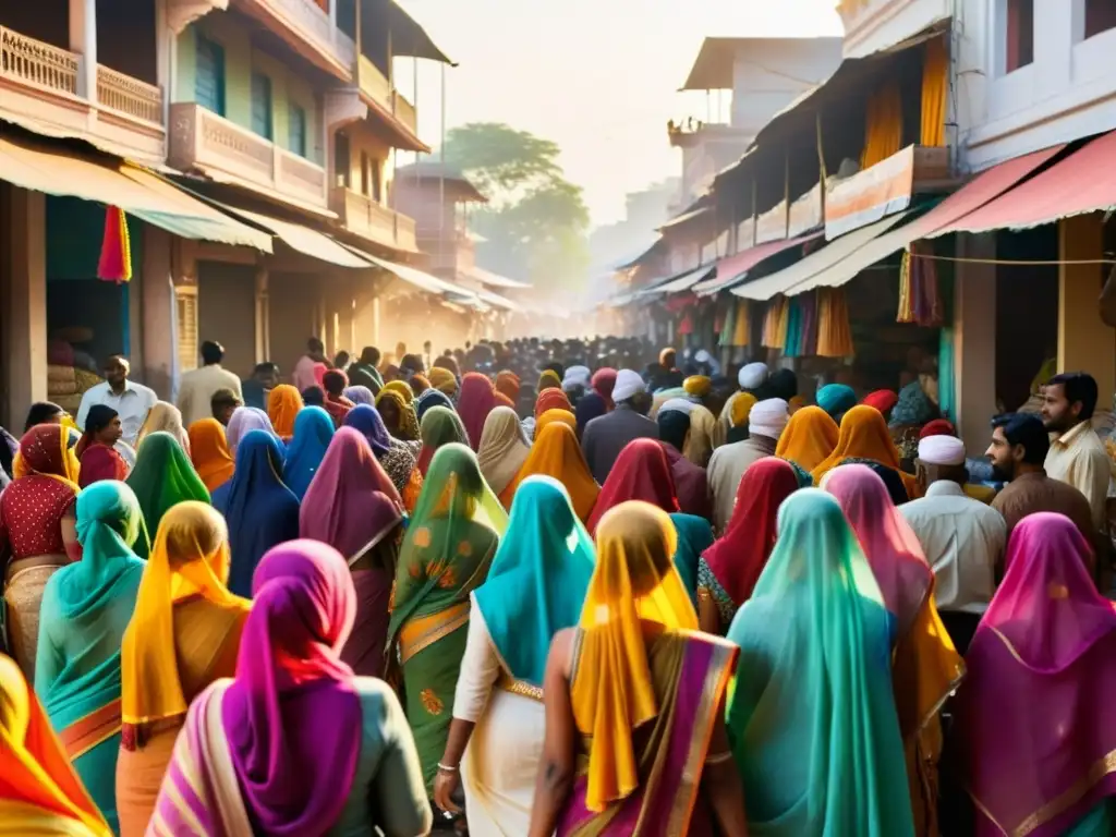 Un mercado indio lleno de coloridos saris y turbantes, reflejando temas recurrentes literatura india en la vibrante escena diaria