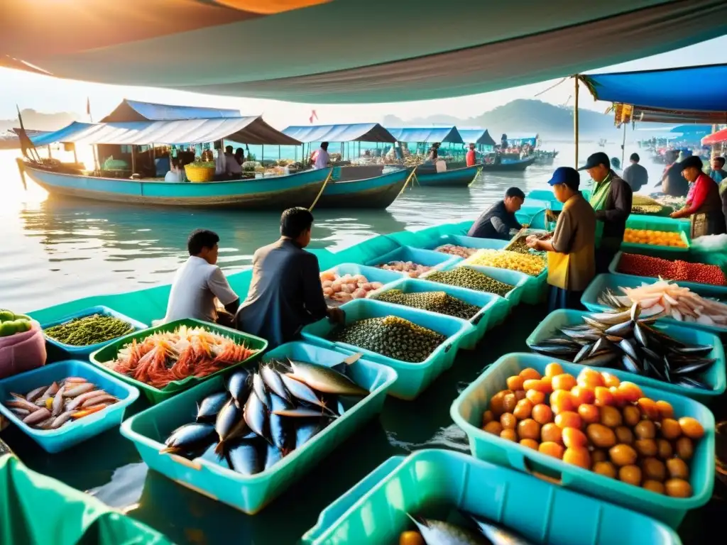 Mercado de mariscos al aire libre en Asia, con puestos de colores y pescadores locales