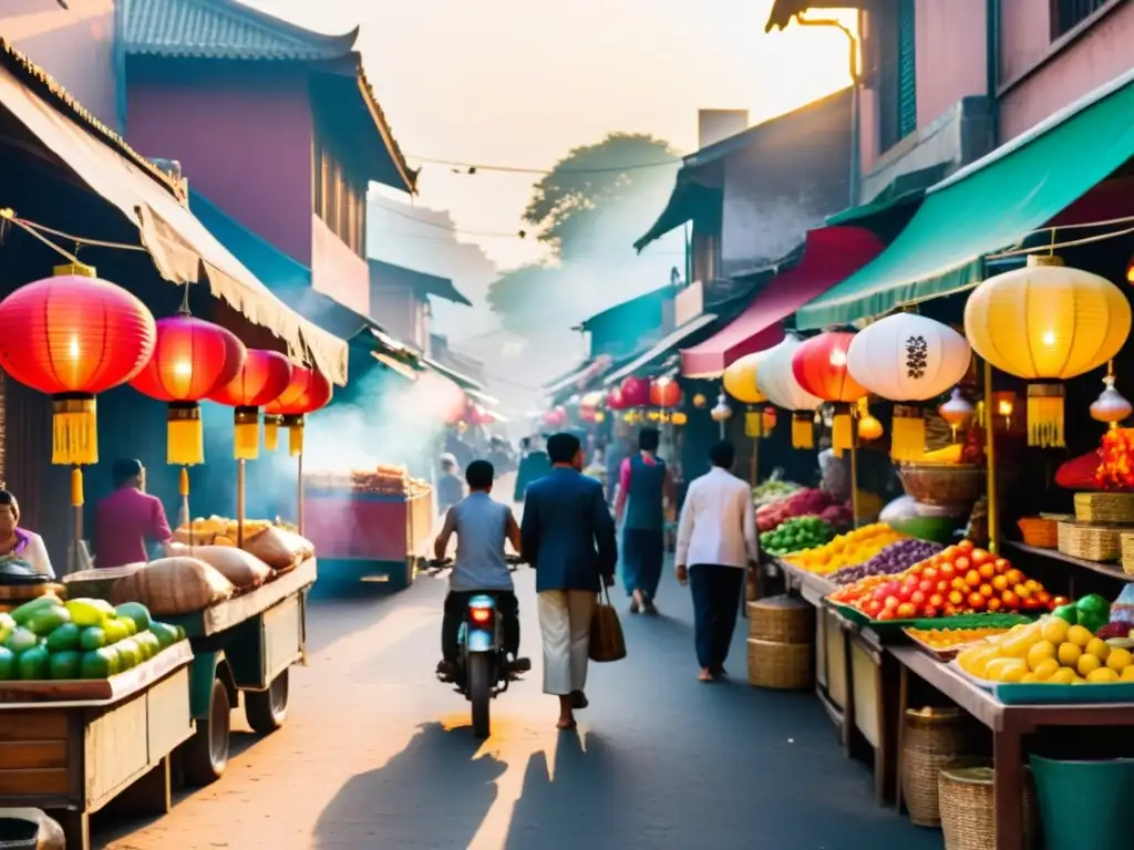 Mercado matutino en Asia con coloridas celebraciones auténticas, frutas exóticas y humeantes puestos de comida en estrechas calles
