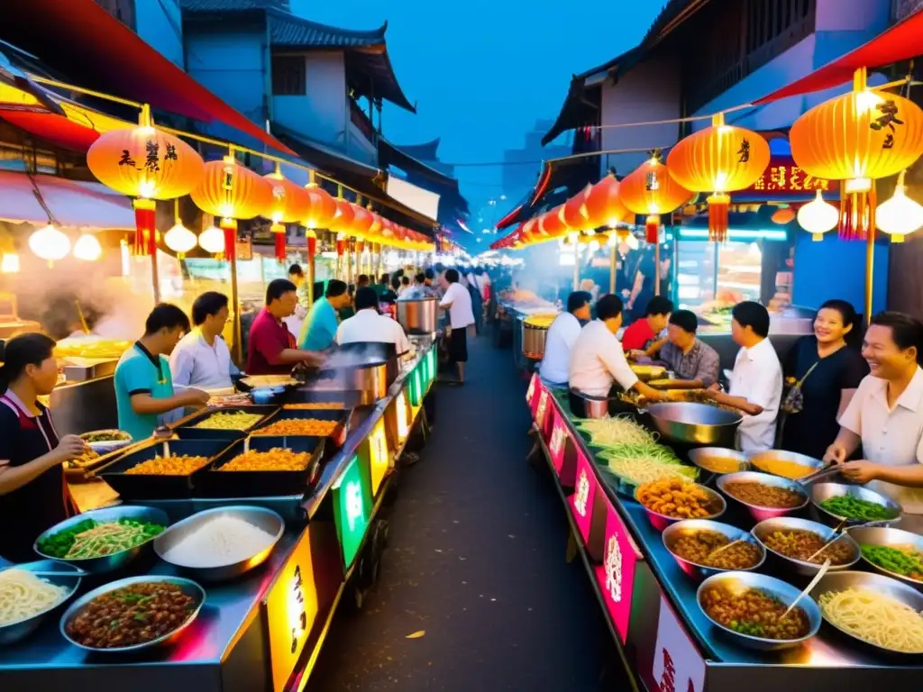 Mercado nocturno asiático con puestos coloridos, comida callejera y bullicio de locales y turistas