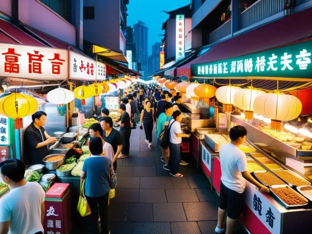 Un mercado nocturno bullicioso en Taipei, Taiwán, muestra la fusión de modernidad y tradición, con vendedores de comida callejera y luces de neón