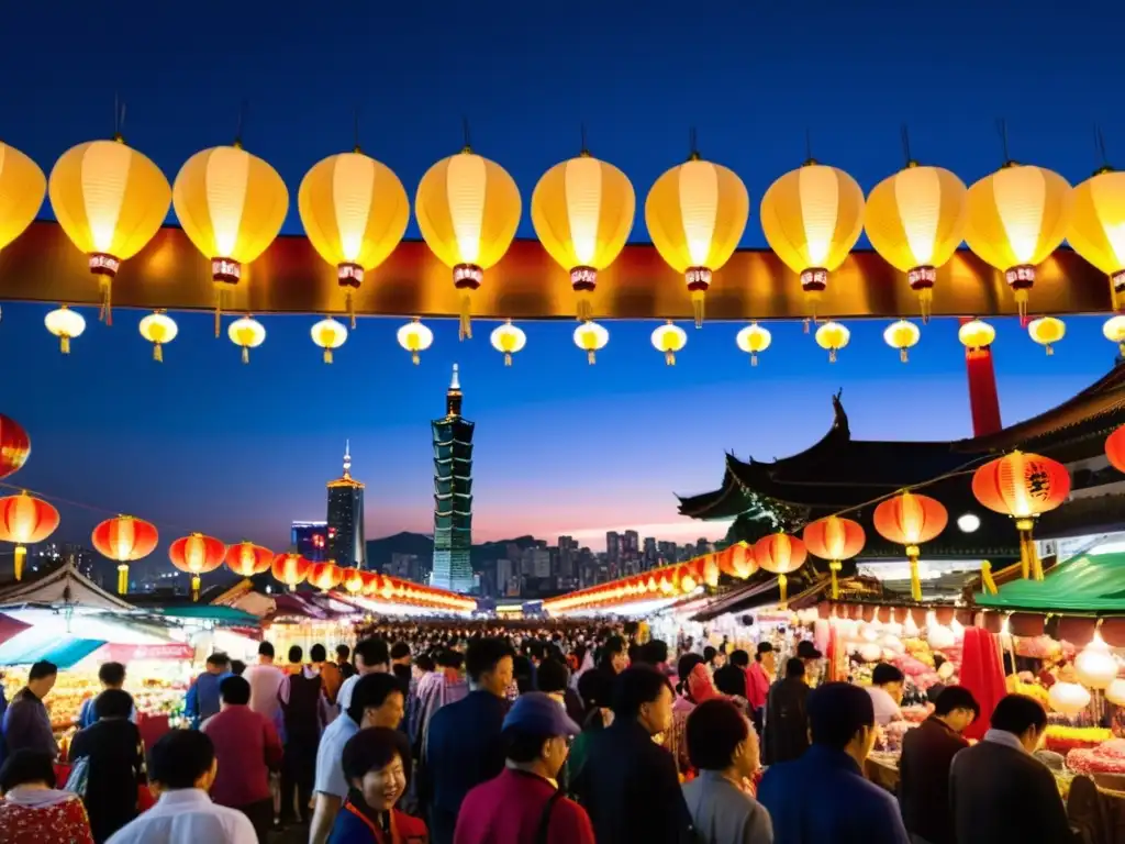 Un mercado nocturno vibrante en Taipei, Taiwán, con coloridas linternas tradicionales