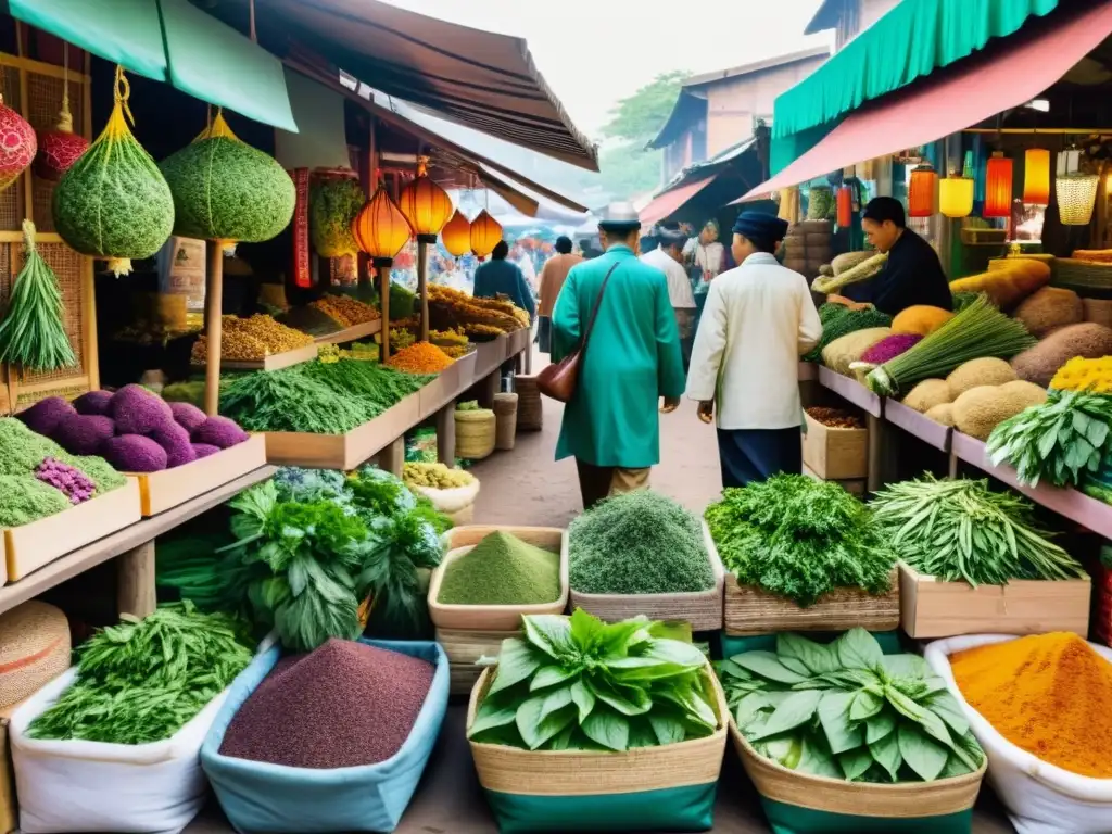 Un mercado tradicional asiático bullicioso con puestos coloridos vendiendo hierbas, raíces y plantas medicinales