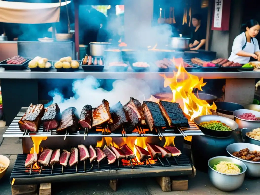 Un mercado tradicional coreano bullicioso, con vendedores asando galbi sobre fuego