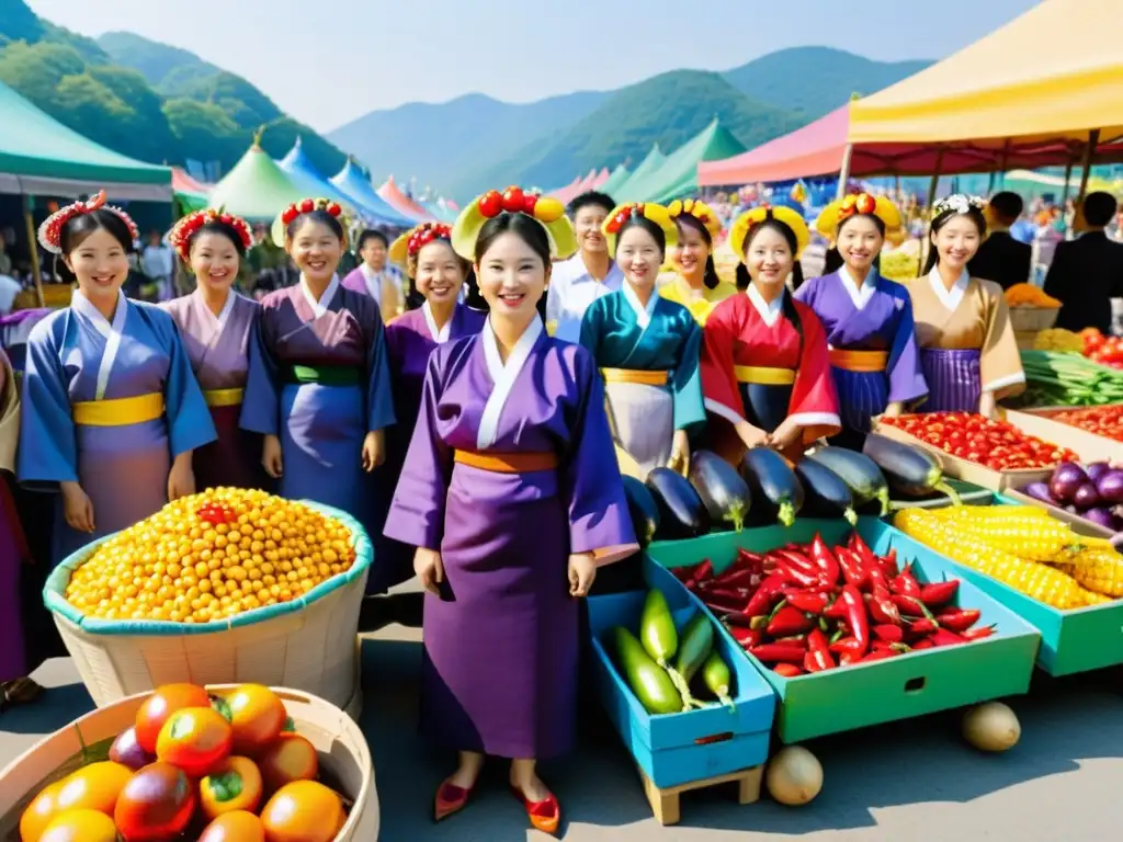 Mercado tradicional coreano en Festival Chuseok, con colores vibrantes y celebración cultural