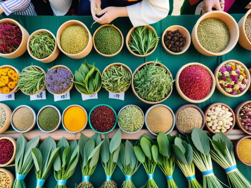 Un mercado tradicional de hierbas medicinales coreanas con vendedores y clientes entre puestos coloridos repletos de hierbas secas y flores