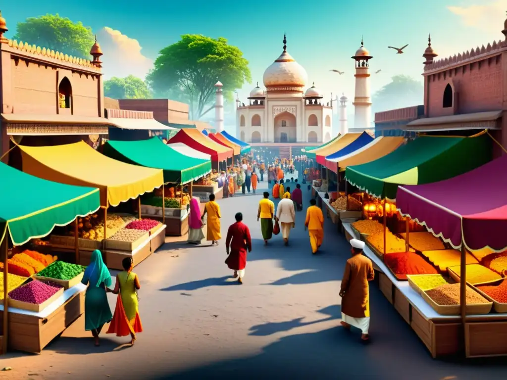 Un mercado tradicional de la India rebosante de vida y color, reflejando la esencia de la cultura india y las raíces del Parchís juego de la India