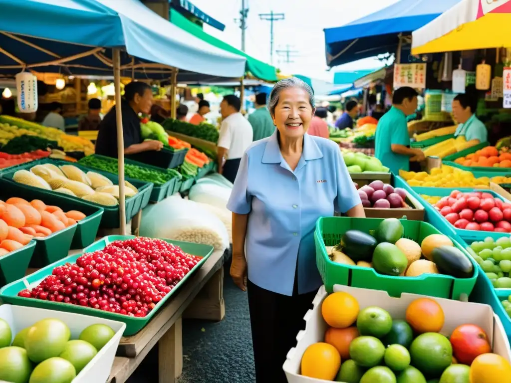 Mercado tradicional en Okinawa con frutas frescas, vegetales y mariscos