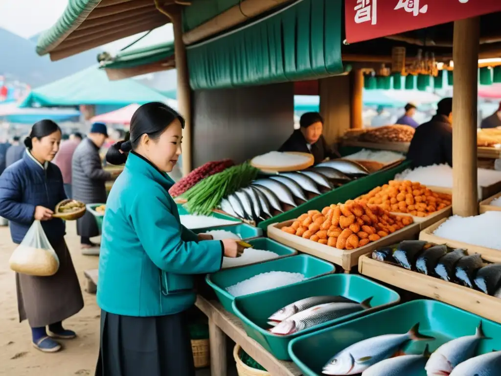 Un mercado tradicional de pescado seco en Corea del Sur con el misterio y la actividad vibrante del proceso de preparación del Hwangtae