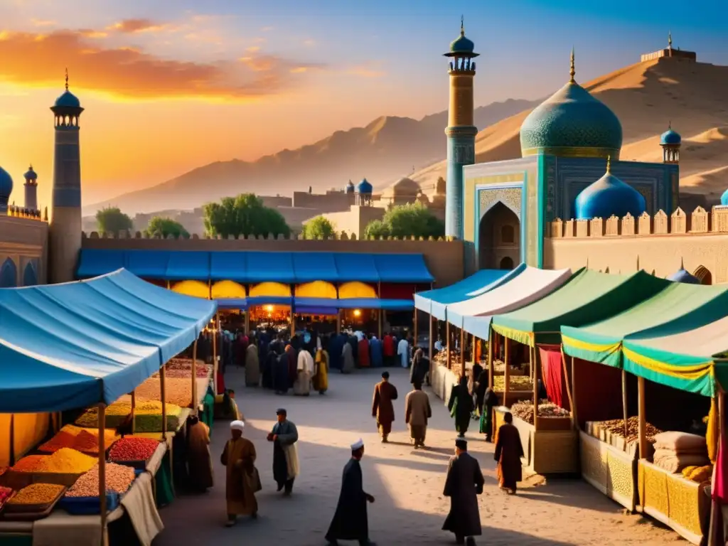 Un mercado vibrante en la antigua Samarcanda, con telas de seda coloridas, especias y minaretes al atardecer