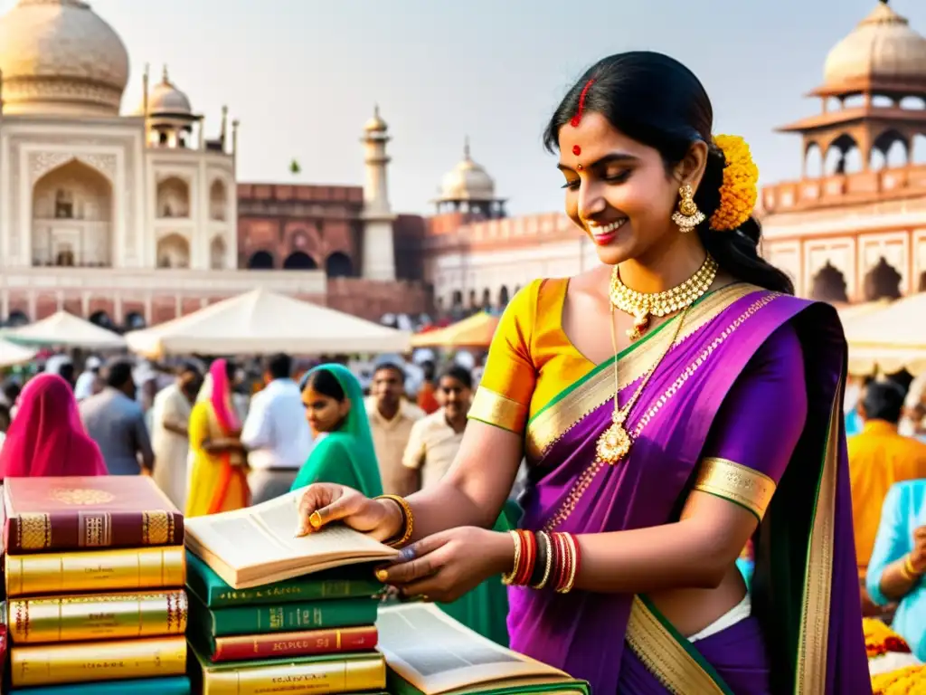 Mercado vibrante en la India con mujeres en sarees coloridos y joyas de oro, explorando novelas románticas