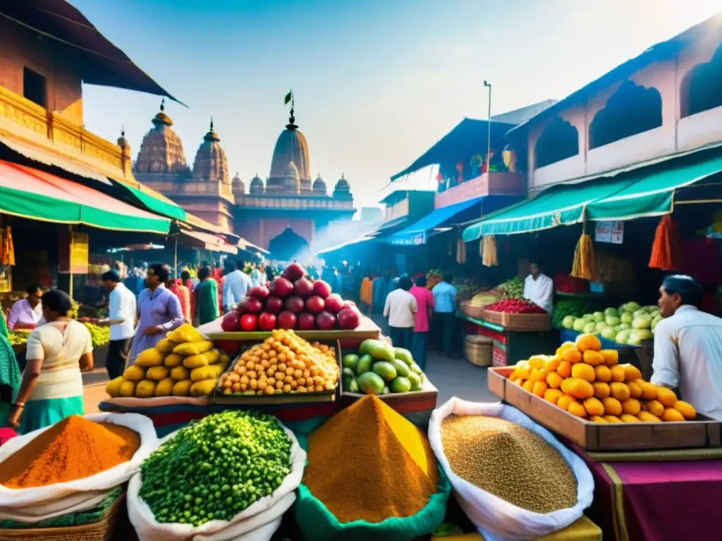 Mercado vibrante en India con puestos de frutas, verduras y especias