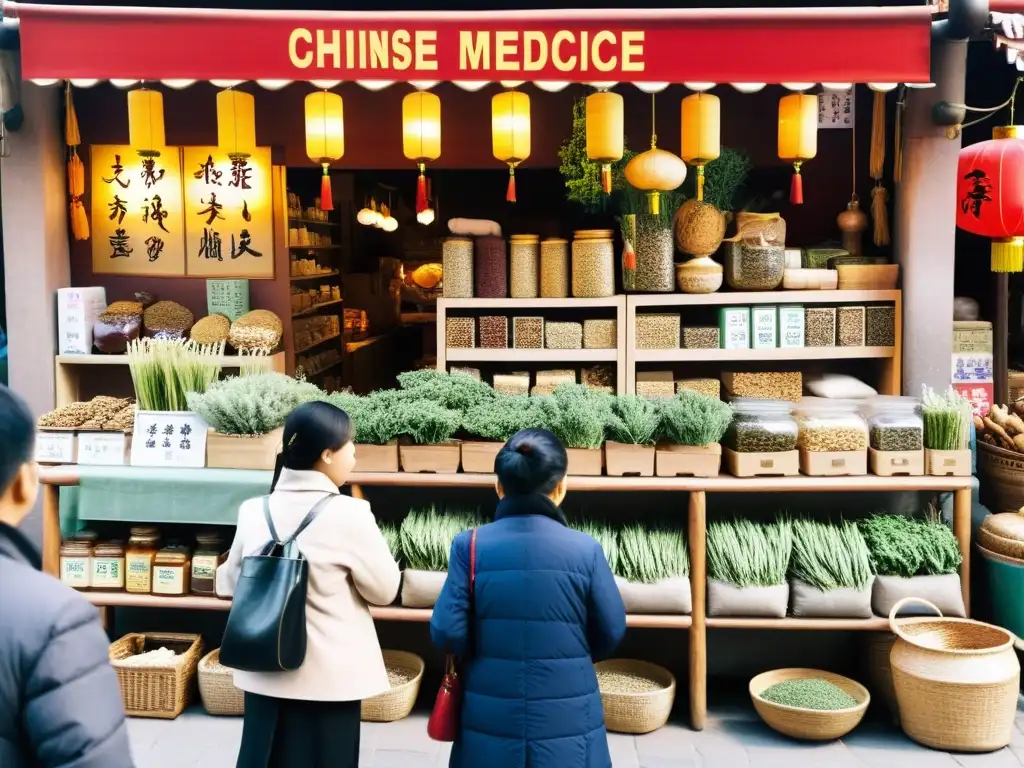 Un mercado vibrante de medicina tradicional china en Beijing, con vendedores ofreciendo hierbas y raíces, y clientes explorando remedios naturales