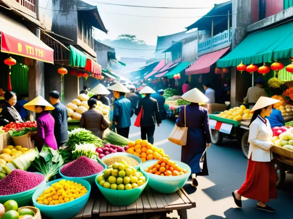 Un mercado vietnamita bullicioso durante Tet Nguyen Dan, con gente vistiendo ao dai y sombreros cónicos, comprando y vendiendo flores y frutas