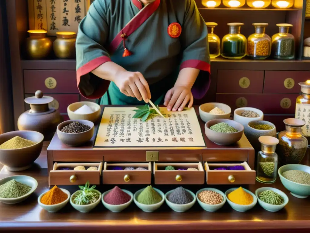 Una mesa de alquimia asiática con cajones de hierbas y un herborista en un ambiente de sabiduría ancestral y curación holística