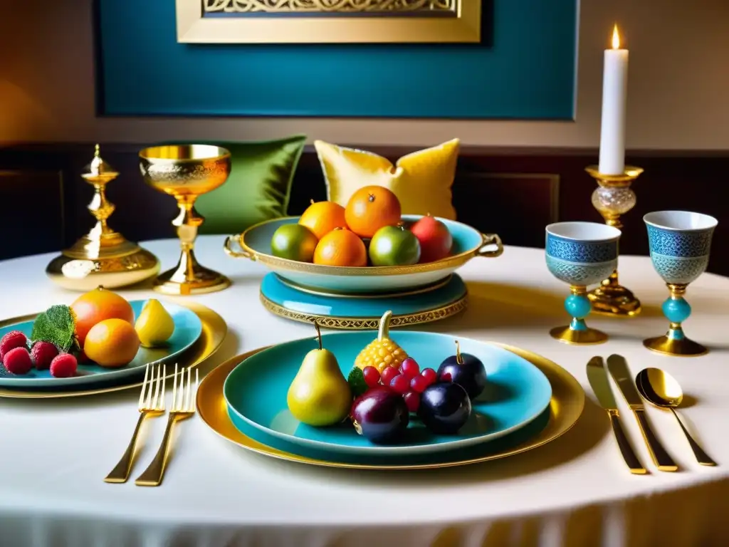 Una mesa de banquete imperial asiático con exquisita vajilla y frutas esculpidas, en un ambiente lujoso y cálido