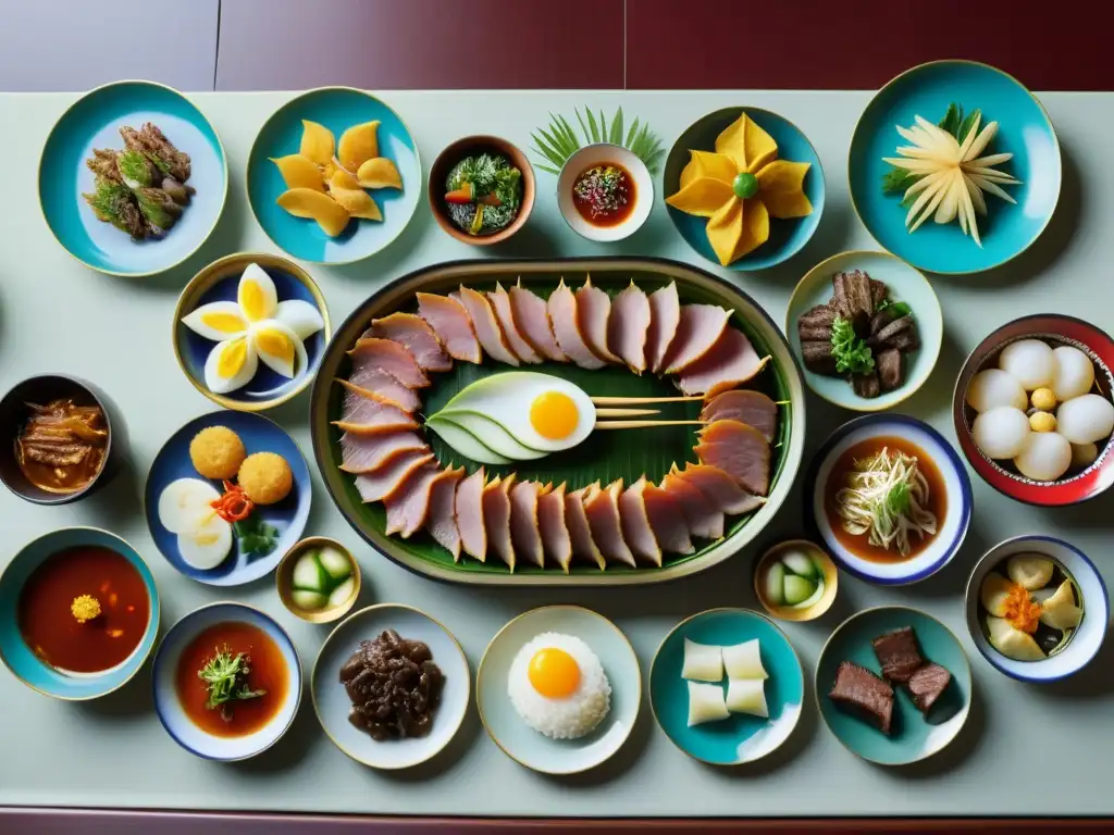 Una mesa de banquete real coreano con exquisitos platos y decoración tradicional, representando la Cocina de la Corte Coreana