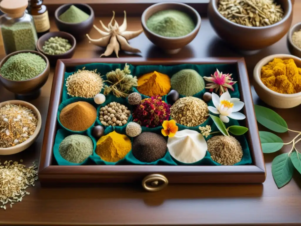 Tabla de alquimia natural: ingredientes exóticos para el cuidado de la piel Una mesa de boticario tradicional con ingredientes naturales exóticos, bañada en suave luz natural