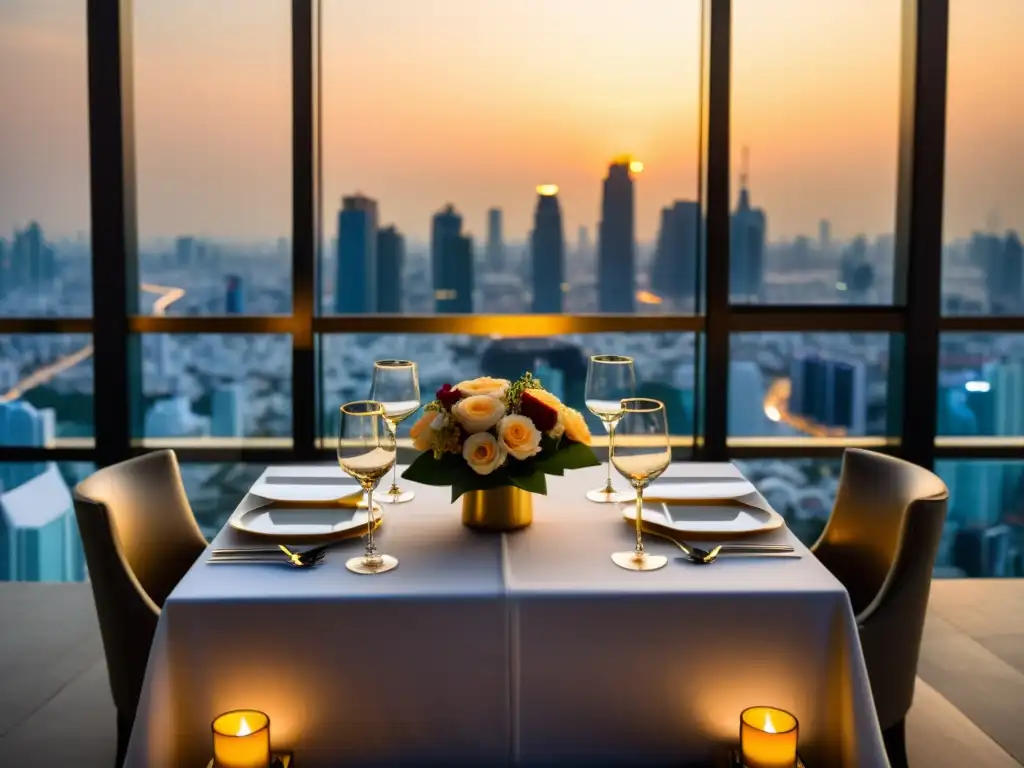 Cena romántica en Bangkok con vista a la ciudad Una mesa de cena íntima en un rooftop de Bangkok, iluminada por suave luz de velas y con la impresionante ciudad de fondo