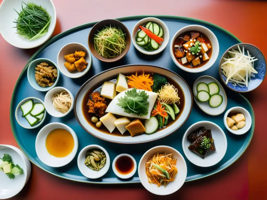 Una mesa de comedor coreana tradicional llena de variados platos de banchan, con kimchi, verduras encurtidas, tofu marinado y brotes de soja