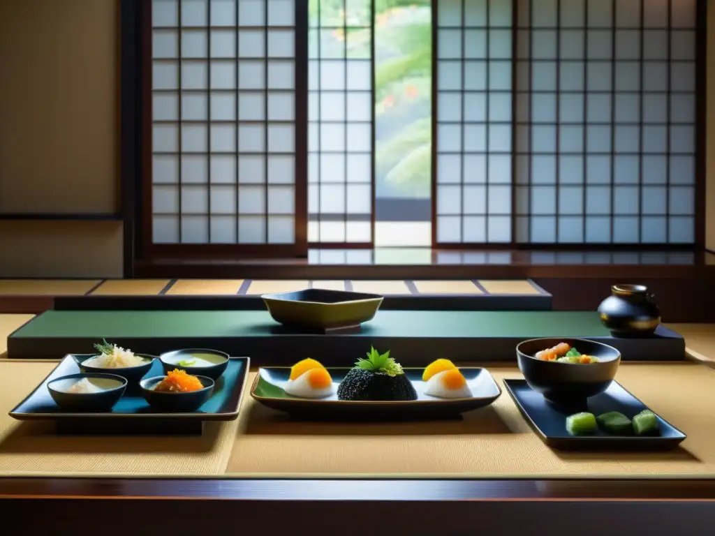 Una mesa de comedor en un templo japonés con platos Zen y vajilla exquisita, iluminada por luz natural