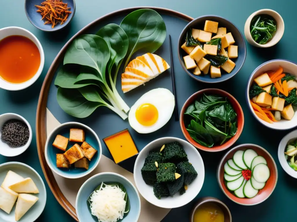 Una mesa de comedor tradicional coreana llena de coloridos platos de banchan en cuencos de cerámica