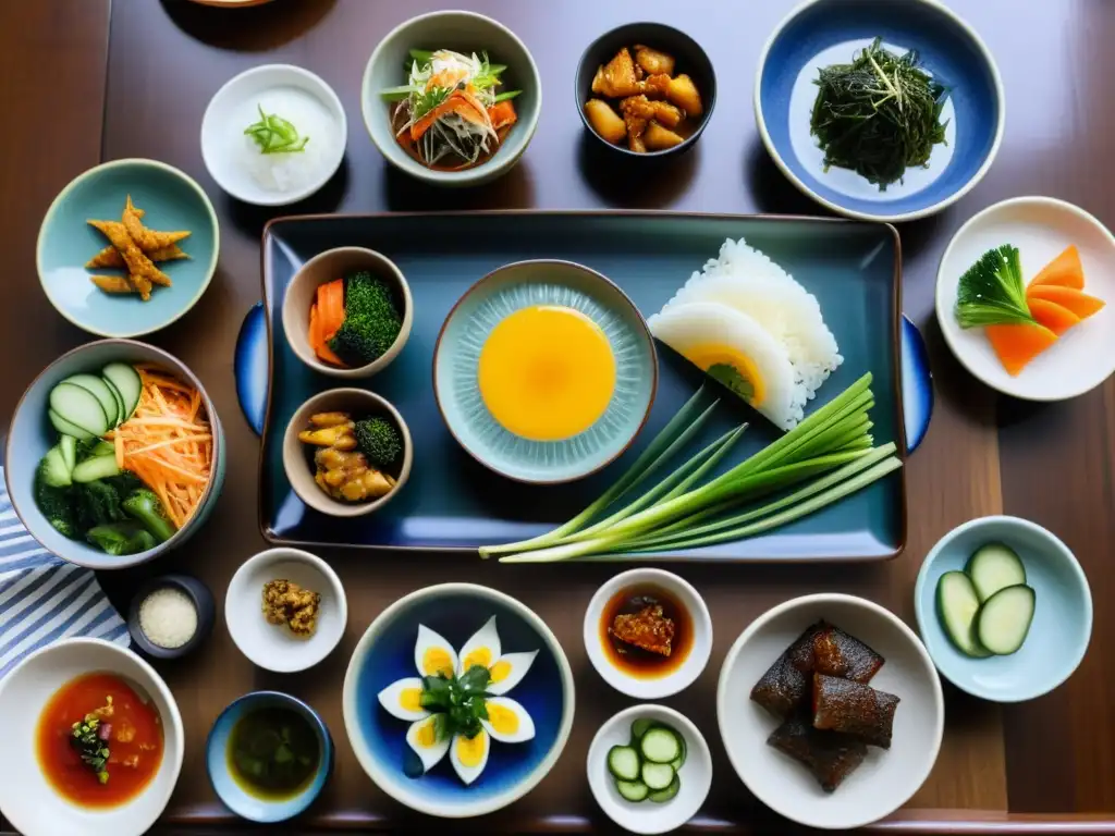 Una mesa de comedor tradicional coreana con una variedad de platos cerámicos coloridos y elaboradamente diseñados, llenos de deliciosos platillos coreanos