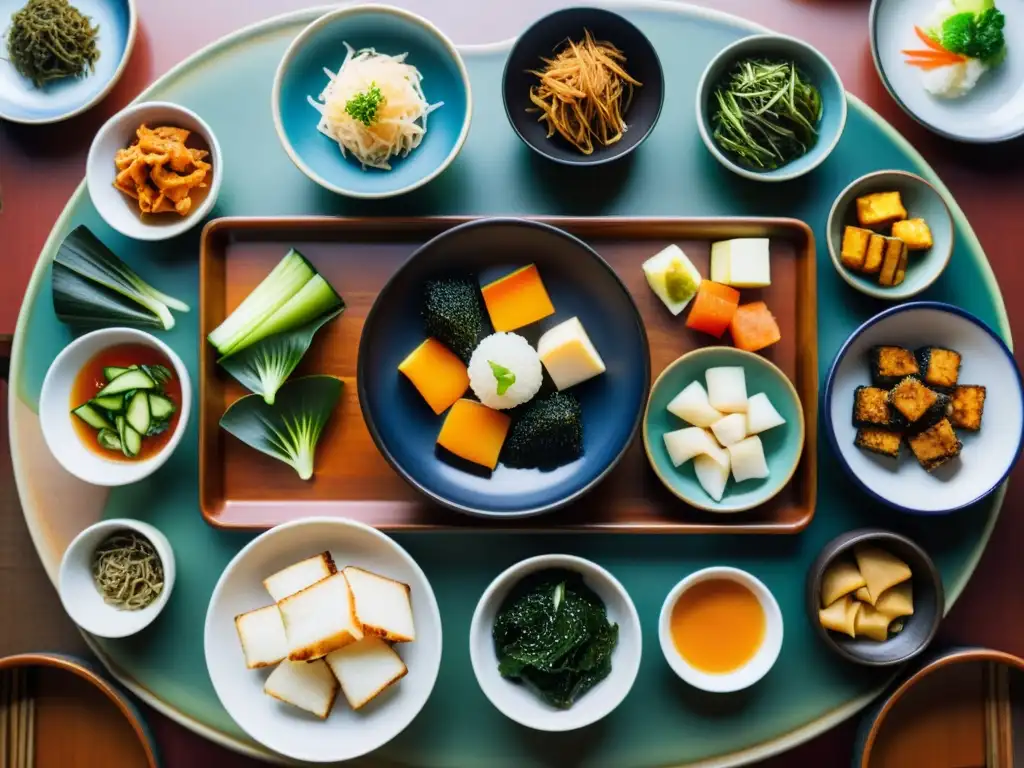 Una mesa de comedor tradicional coreana con una variedad de platos de banchan, destacando colores y texturas