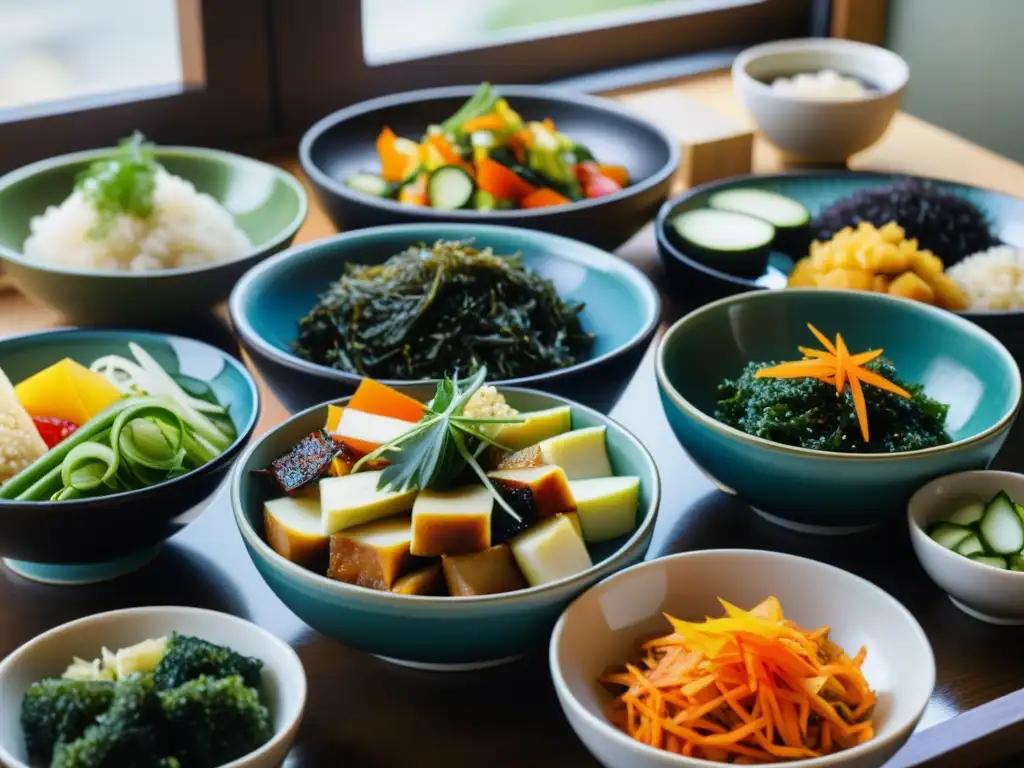 Una mesa coreana tradicional bellamente decorada con una variedad de platos de banchan coloridos y elaborados