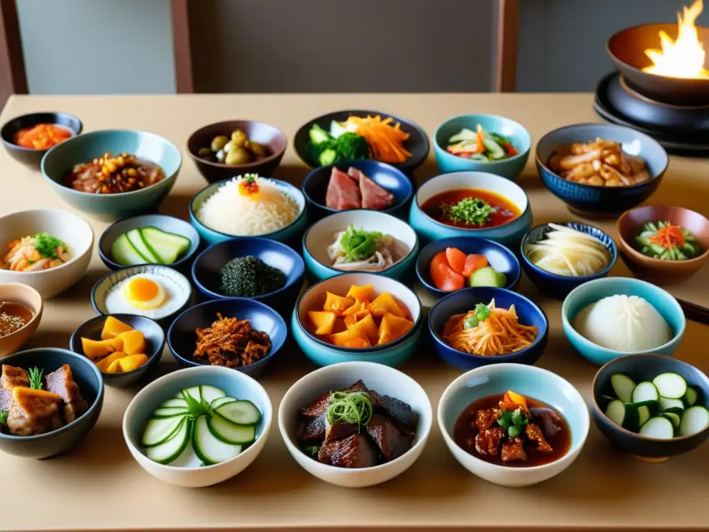 Una mesa coreana tradicional con una variedad de platos baekban perfectamente organizados, iluminados por luz natural