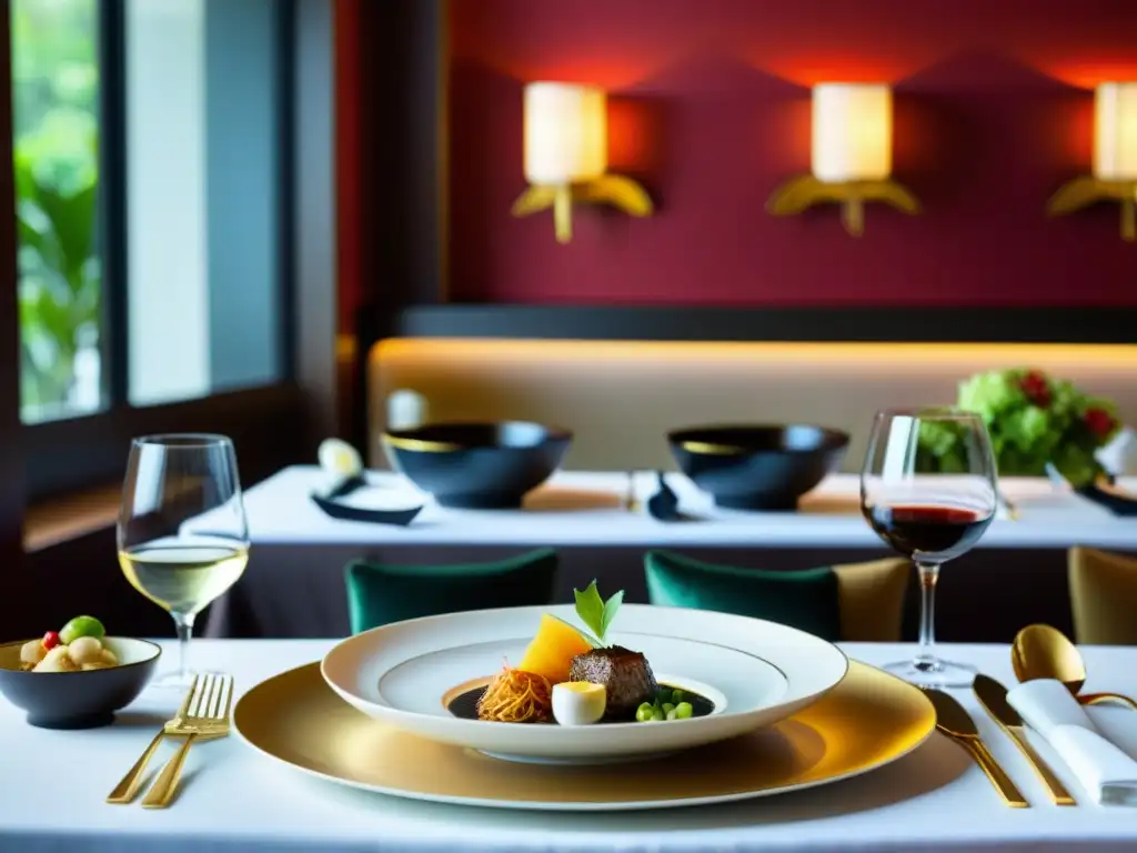 Una mesa lujosamente decorada con delicias culinarias en hotel de lujo en Asia