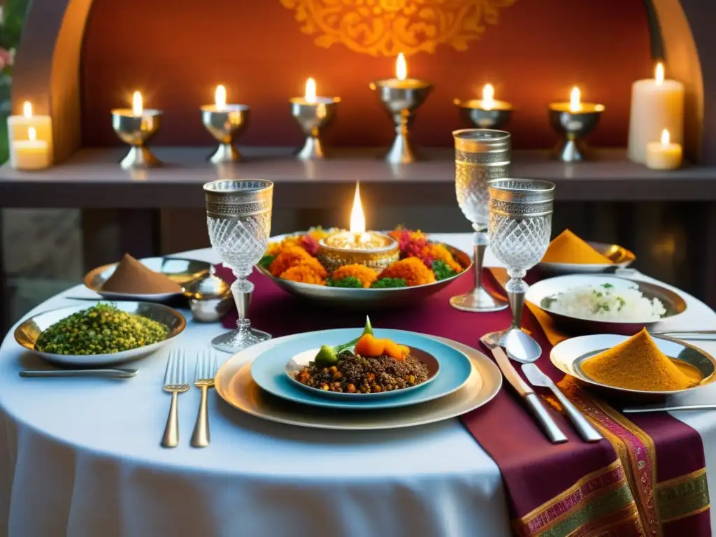 Una mesa lujosamente decorada en una especiería de la India, con vajilla y copas de cristal, tapiz colorido y exquisitos platillos