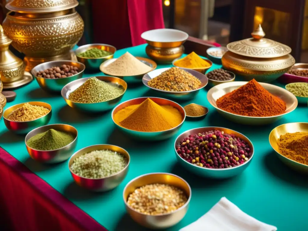 Una mesa lujosamente decorada en un mercado de especias de la India, con vendedores y clientes vestidos tradicionalmente