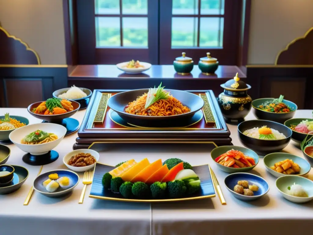 Una mesa lujosamente decorada con platos de cocina de la corte coreana, rodeada de dignatarios y chefs en atuendos tradicionales