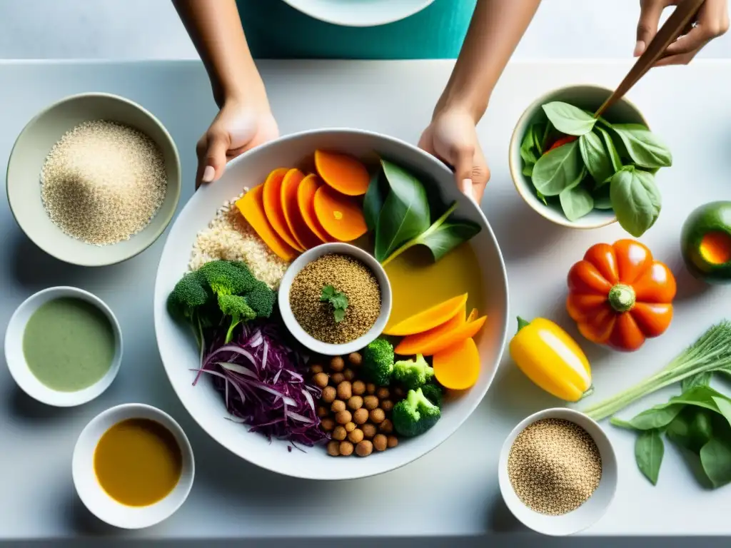 Una mesa bellamente decorada con platos coloridos inspirados en los principios de la dieta Ayurveda, iluminada por luz natural