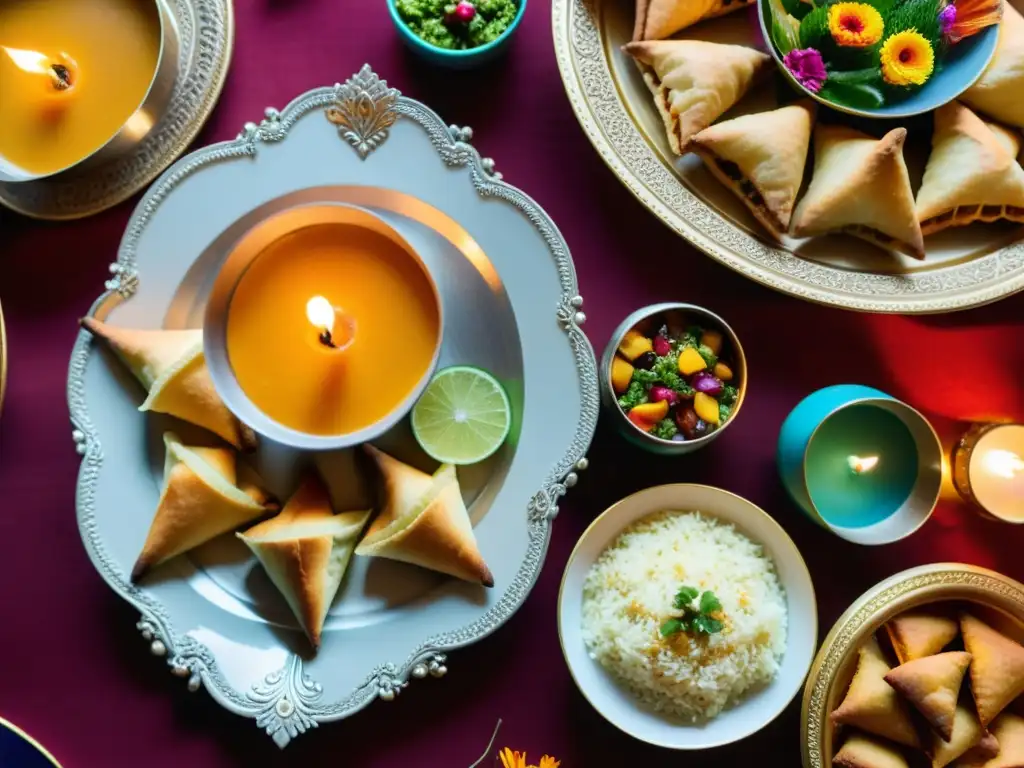 Una mesa bellamente decorada con platos tradicionales y vibrantes arreglos florales, capturando la esencia del Festival Diwali