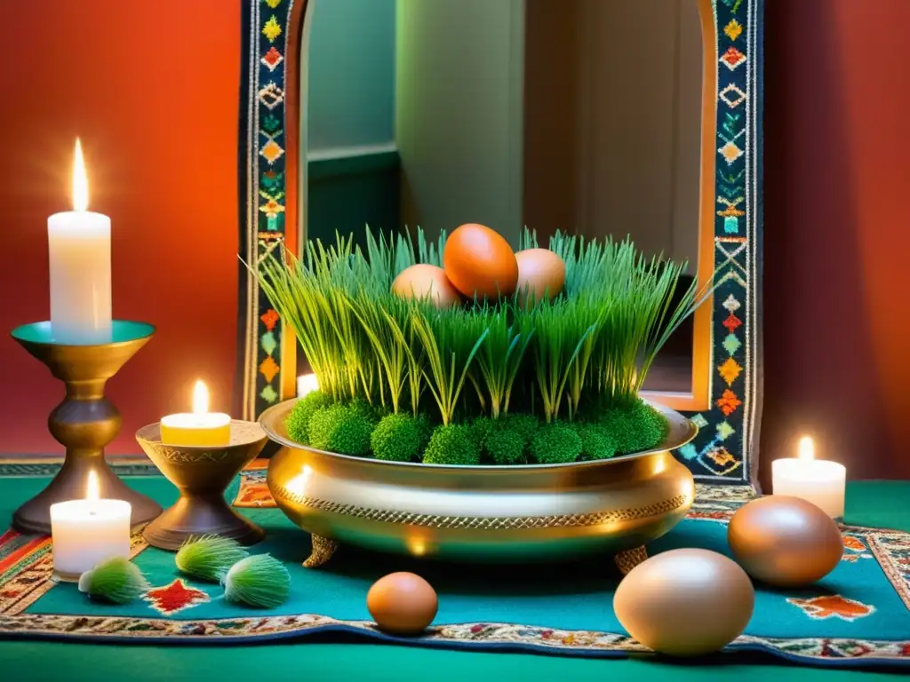 Una mesa haftseen ricamente decorada para la tradición del Año Nuevo Persa, Nowruz, con elementos simbólicos y una cálida iluminación de velas