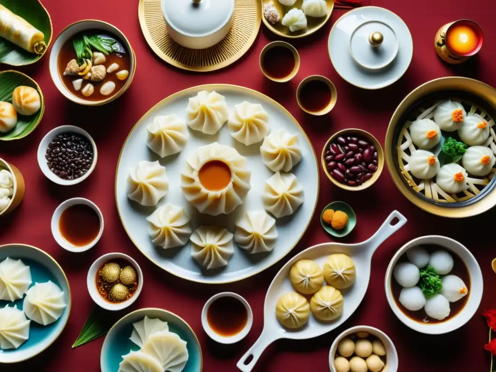 Una mesa festiva decorada con comidas tradicionales del festival Dongzhi en Asia, rodeada de decoraciones rojas y doradas