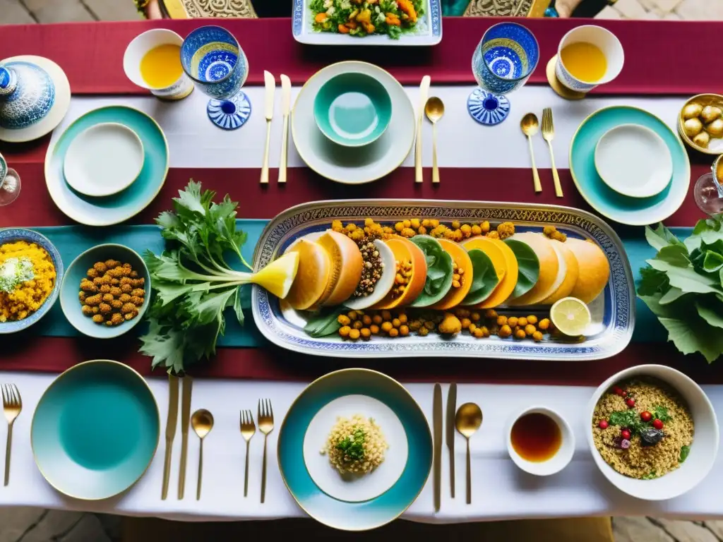 Una mesa larga y ricamente decorada con una variedad de platos lujosos y coloridos de las regiones a lo largo de la Ruta de la Seda