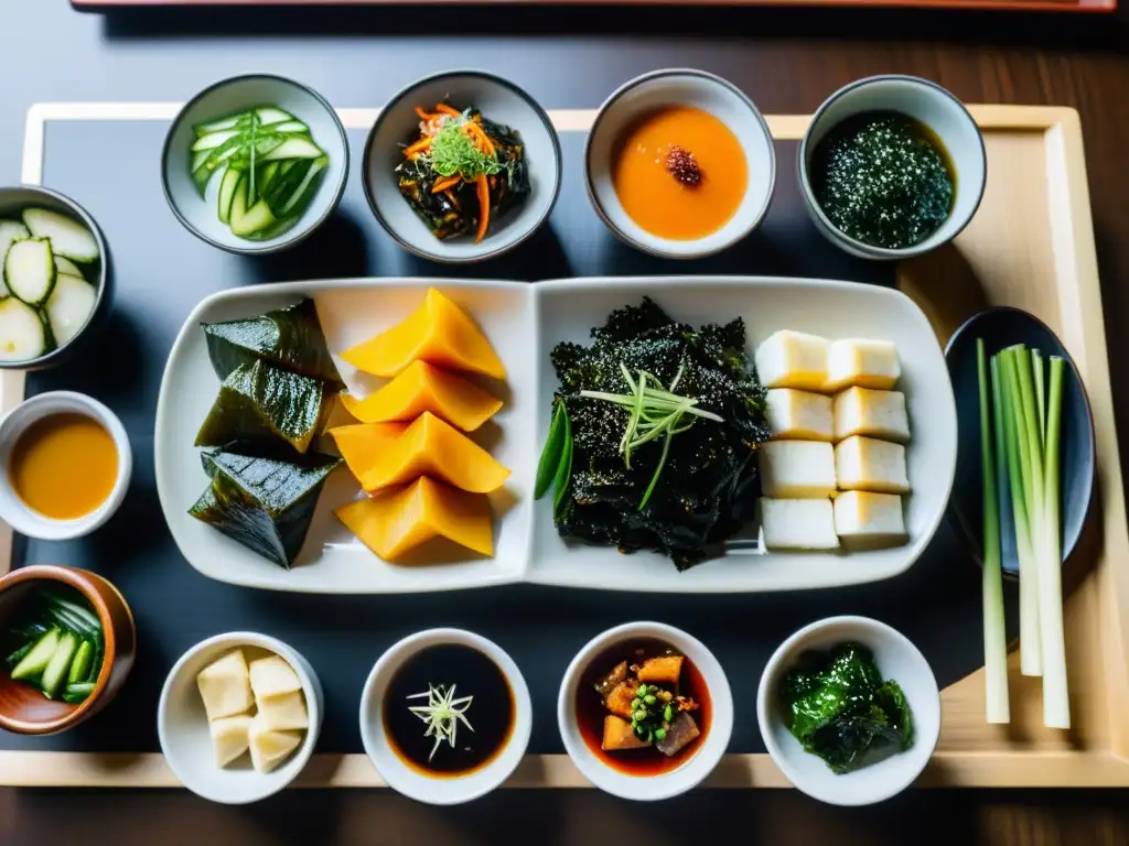 Una mesa de madera brillante con una variedad de banchan coreanos en platos coloridos y texturas vibrantes