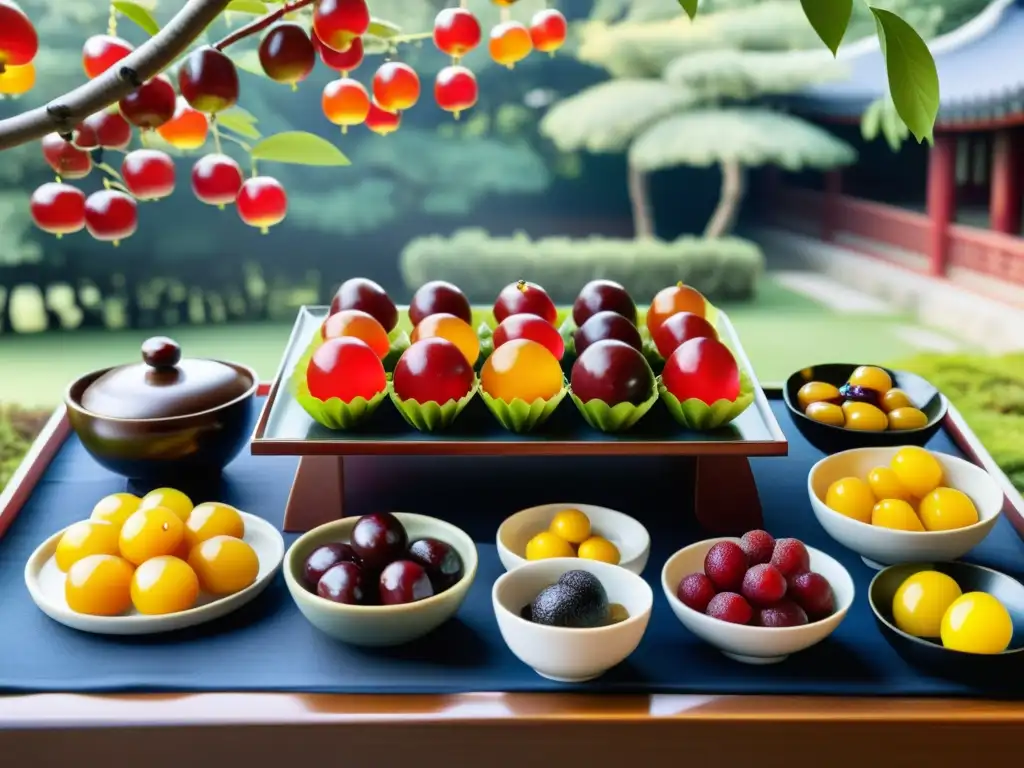 Una mesa de postres coreanos tradicionales con detalles exquisitos y árboles de jujube frondosos en un jardín sereno