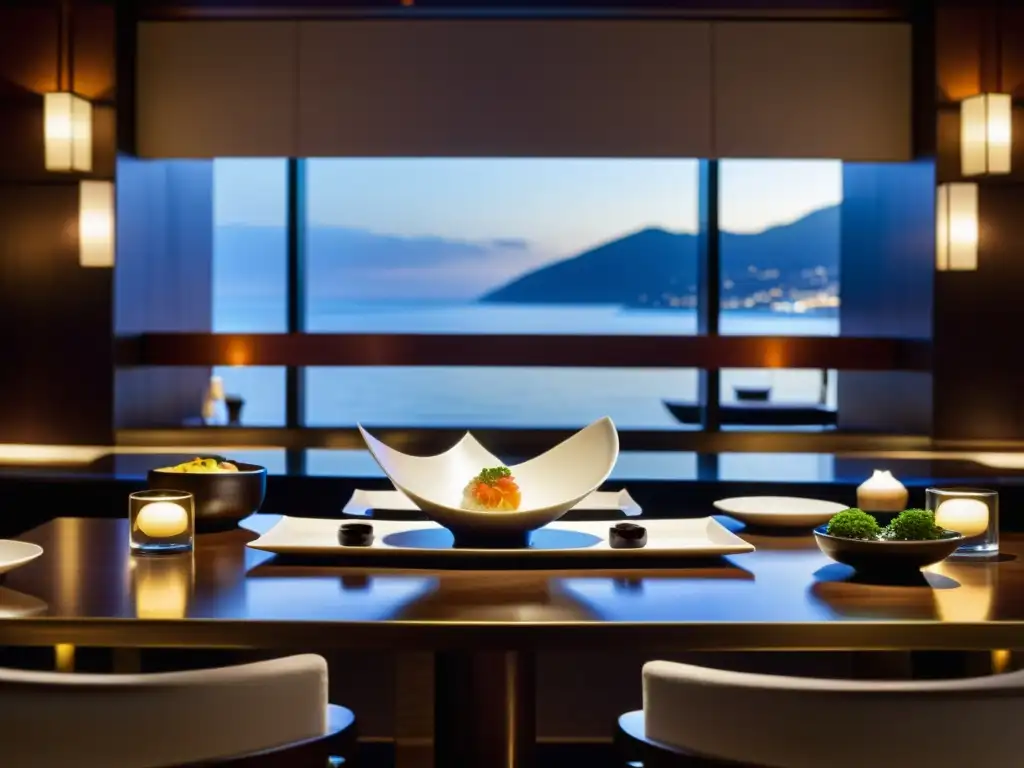 Una mesa elegantemente preparada en el restaurante Nobu, reflejando la filosofía culinaria de Nobu Matsuhisa con lujo y sofisticación