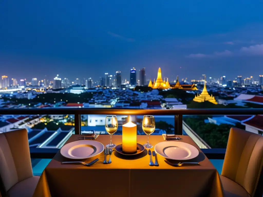 Romántica cena a la luz de las velas en Bangkok Una mesa privada iluminada por velas en un rooftop de Bangkok con la ciudad brillando al fondo